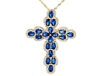 Picture of Blue Lab Created Spinel 18k Yellow Gold Over Silver Cross Pendant With Chain 8.22ctw