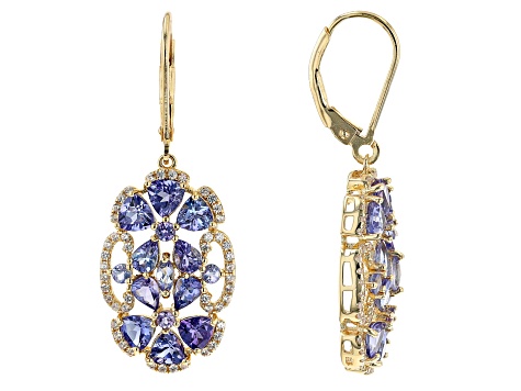 Blue Tanzanite 18k Yellow Gold Over Sterling Silver Dangle Earrings 4.53ctw