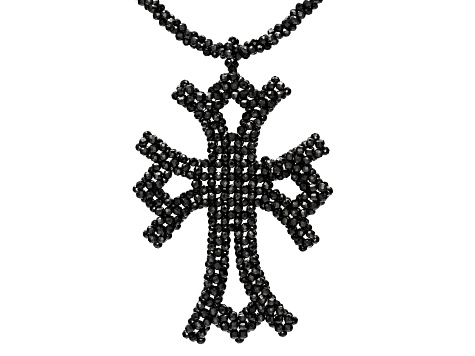 Rondelle Black Spinel Rhodium Over Sterling Silver Cross Necklace