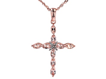 Picture of Peach Morganite 18k Rose Gold Over Silver Cross Pendant With Chain 1.63ctw