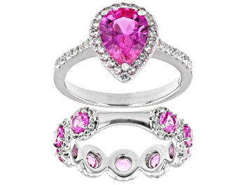 Picture of Pink Lab Created Sapphire Rhodium Over Sterling Silver Ring Set 3.85ctw