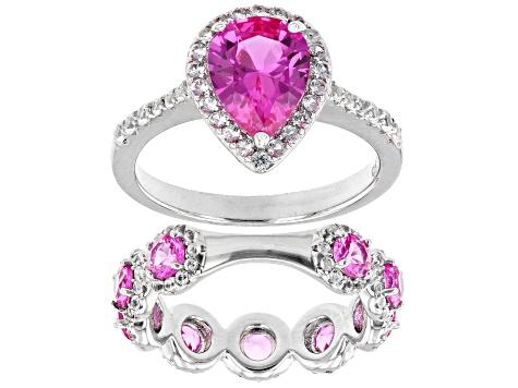 Pink Lab Created Sapphire Rhodium Over Sterling Silver Ring Set 3.85ctw