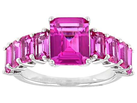 Pink Lab Created Sapphire Rhodium Over Sterling Silver Ring 4.23ctw