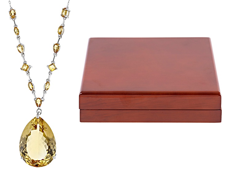 Yellow Citrine Rhodium Over Sterling Silver Necklace with Box 39.50ctw