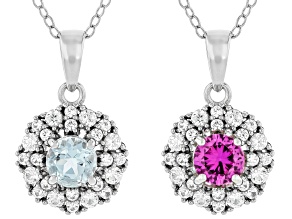 Multi-Stone Rhodium Over Sterling Silver Set of 2 Pendants with Chain 1.96ctw