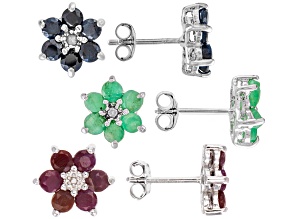 Multi-Stone Rhodium Over Sterling Silver Set of 3 Earrings 4.81ctw
