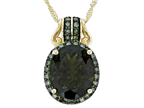 Green Moldavite 10k Yellow Gold Pendant With Chain 2.72ctw