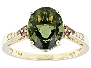Moldavite With Champagne and White Diamond 10k Yellow Gold Ring 1.79ctw