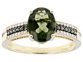 Moldavite With Green and White Diamond 10k Yellow Gold Ring 1.39ctw