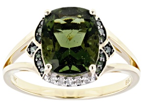 Moldavite With Green And White Diamond 10k Yellow Gold Ring 2.22ctw