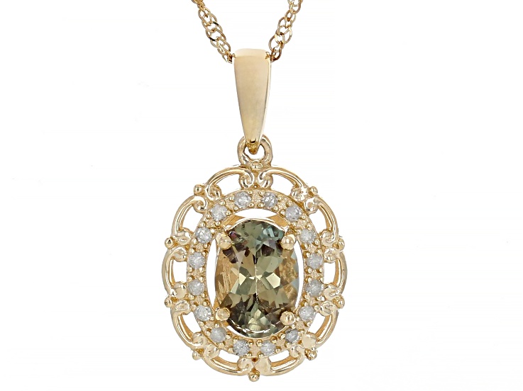 Green Turkish Diaspore With White Diamond 10k Yellow Gold Pendant With Chain 0.71ctw
