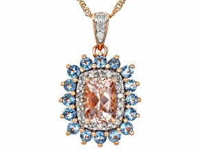 Peach Morganite, Santa Maria Aquamarine, White Diamond 10k Rose Gold Pendant With Chain 1.36ctw