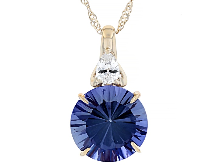 Color Change Lab Sapphire With White Lab Sapphire 10k Yellow Gold Pendant With Chain 4.61ctw