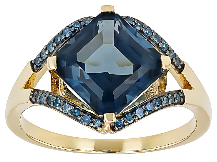 London Blue Topaz WIth Blue Diamond 10k Yellow Gold Ring