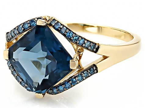 London Blue Topaz WIth Blue Diamond 10k Yellow Gold Ring