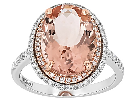 Peach Morganite With White Diamond Rhodium Over 14k White Gold Ring 6.12ctw