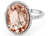 Peach Morganite With White Diamond Rhodium Over 14k White Gold Ring 6.12ctw