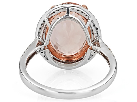 Peach Morganite With White Diamond Rhodium Over 14k White Gold Ring 6.12ctw
