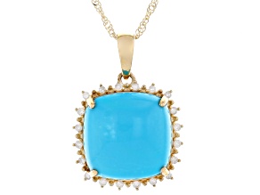 Sleeping Beauty Turquoise With White Diamond 10k Yellow Gold Pendant With Chain 0.09ctw