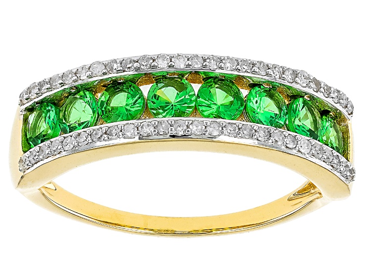 『TEN $RING 金銀 19』 Green Tsavorite With White Diamond 10k Yellow Gold Band Ring 1.09
