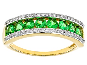 Green Tsavorite With White Diamond 10k Yellow Gold Band Ring 1.09ctw