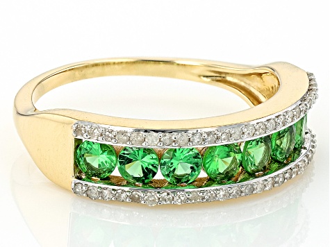 Green Tsavorite With White Diamond 10k Yellow Gold Band Ring 1.09