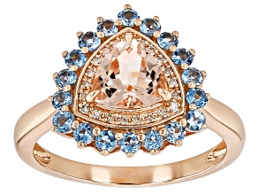 Peach Morganite With Santa Maria Aquamarine And White Diamond 10k Rose Gold Ring 1.66ctw