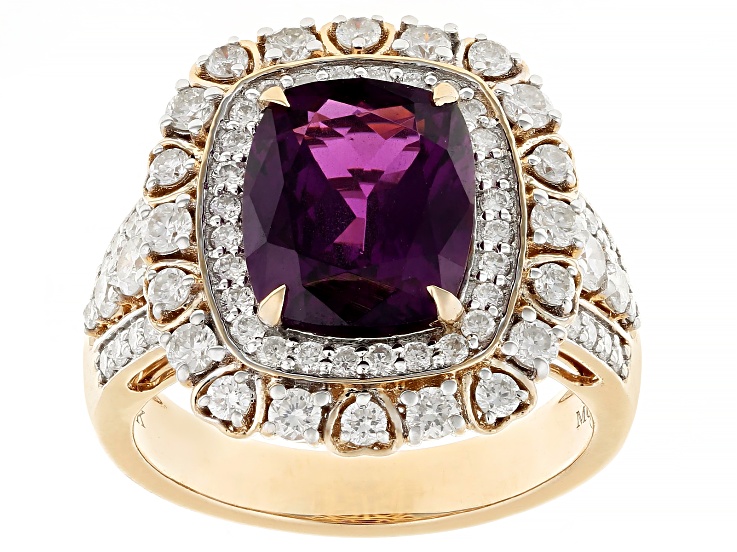 Grape Color Garnet With White Diamond 14k Yellow Gold Ring 5.98ctw