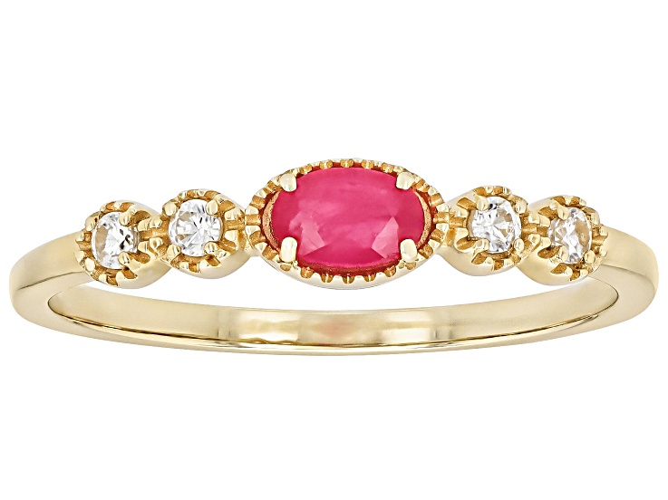 Red John Saul Ruby With White Zircon 10k Yellow Gold Ring