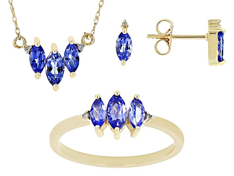 Tanzanite With Diamond 10k Yellow Gold Ring, Earring And Necklace 3-Stone Jewelry Set 1.38ctw