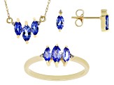Tanzanite With Diamond 10k Yellow Gold Ring, Earring And Necklace 3-Stone Jewelry Set 1.38ctw