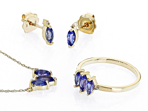 Tanzanite With Diamond 10k Yellow Gold Ring, Earring And Necklace 3-Stone Jewelry Set 1.38ctw