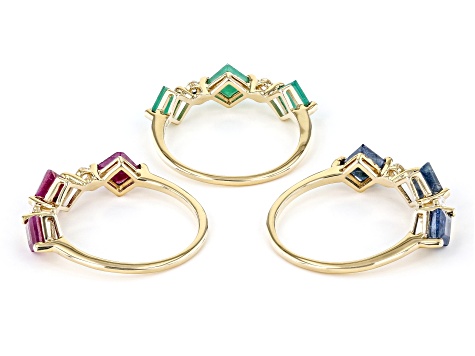 Red Indian Ruby 10k Yellow Gold Rings Set Of 3 0.77ctw