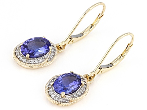 Blue Tanzanite With White Diamond 10k Yellow Gold Earrings 2.38ctw