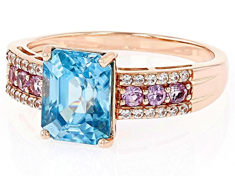 Blue Zircon And Pink Sapphire 10k Rose Gold Ring 3.37ctw