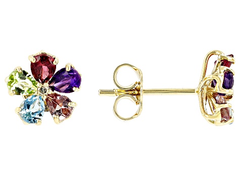 Multi Gem 10k Yellow Gold Flower Stud Earrings 1.51ctw