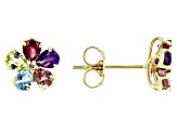 Multi Gem 10k Yellow Gold Flower Stud Earrings 1.51ctw