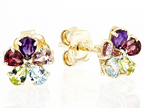 Multi Gem 10k Yellow Gold Flower Stud Earrings 1.51ctw