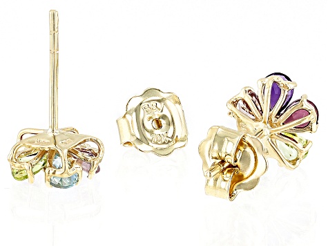 Multi Gem 10k Yellow Gold Flower Stud Earrings 1.51ctw