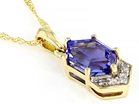 Blue Tanzanite and White Diamonds 10k Yellow Gold Pendant With Chain 1.35ctw