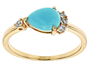 Picture of Blue Sleeping Beauty Turquoise with White Zircon 10k Yellow Gold Ring 0.11ctw