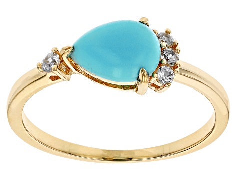 Blue Sleeping Beauty Turquoise with White Zircon 10k Yellow Gold Ring 0.11ctw