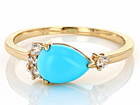 Blue Sleeping Beauty Turquoise with White Zircon 10k Yellow Gold Ring 0.11ctw