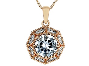 Aquamarine With White Diamond 10k Rose Gold Pendant With Chain
