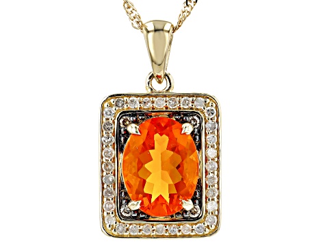 Fire Opal With White and Champagne Diamond 14k Yellow Gold Pendant With Chain 1.20ctw