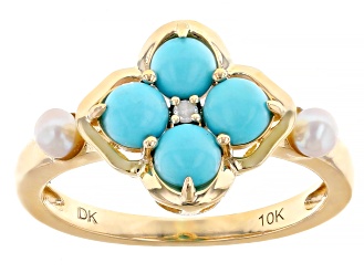 Blue Sleeping Beauty Turquoise with Cultured Freshwater Pearl 10k Yellow Gold Ring 0.01ct