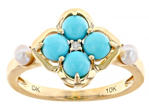 Blue Sleeping Beauty Turquoise with Cultured Freshwater Pearl 10k Yellow Gold Ring 0.01ct