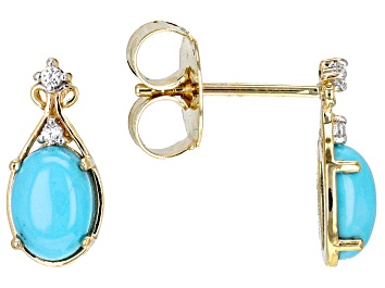 Picture of Blue Sleeping Beauty Turquoise with White Zircon 10k Yellow Gold Earrings 0.06ctw