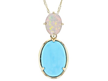 Picture of Blue Sleeping Beauty Turquoise With Ethiopian Opal 10k Yellow Gold Pendant With Chain 0.64ctw