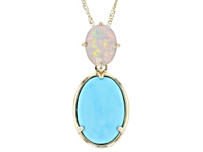 Blue Sleeping Beauty Turquoise With Ethiopian Opal 10k Yellow Gold Pendant With Chain 0.64ctw